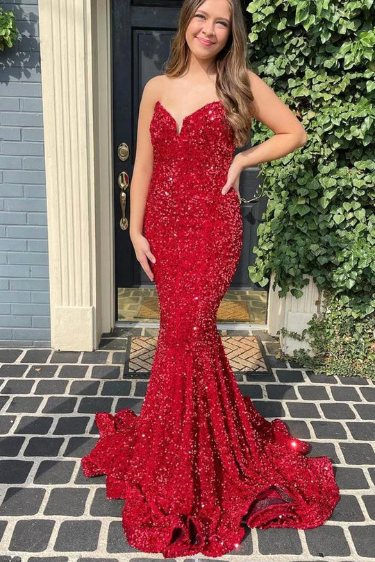 Vestido de fiesta largo de trompeta con lentejuelas y escote en forma de corazón